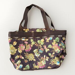 VTG Lesportsac Brown Floral Overnight Shopper Tote Bag 13x22 Le Sportsac USA